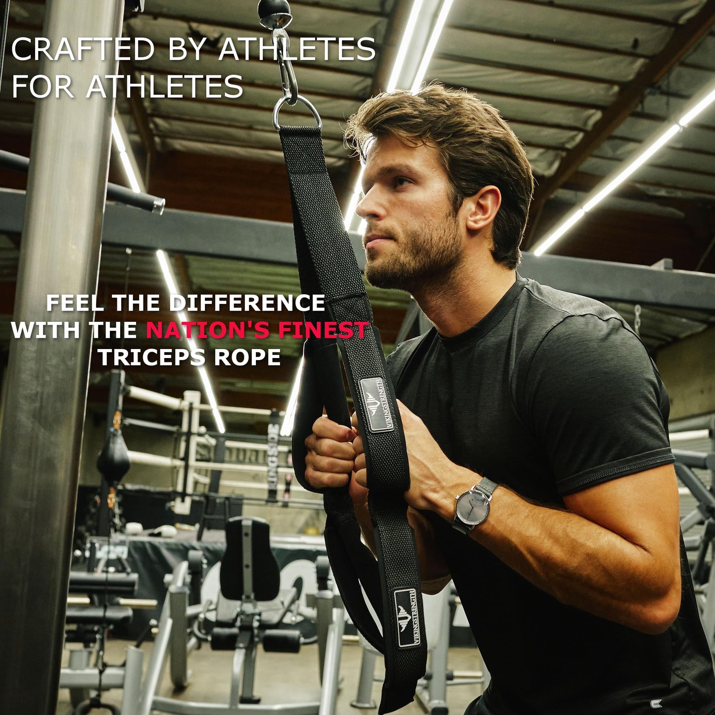 VIKINGSTRENGTH Patented Tricep Rope Cable Attachment - Enhanced Length for Maximum Muscle Engagement - Comfortable Anti-Slip Grip - Versatile for All Cable Machines + V-Strength Workout App