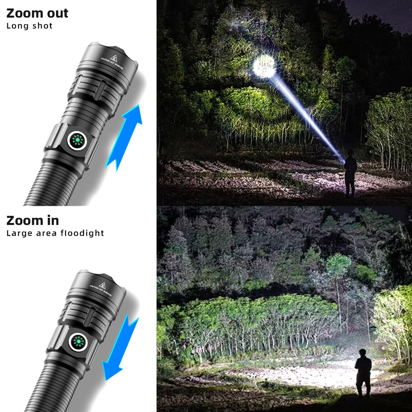 haixnfire Tactical Flashlight Type-C USB Rechargeable 6000 lumens Zoomable LED Waterproof flashlights with Pressure Switch Picatinny Rial Light