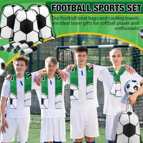 SmoothNovelty 24 Pcs Sport Party Favors with 40 x 12 Inch Soccer Cooling Towels and 13 Inch Soccer Ball Drawstring Backpack Microfiber Ice Towels String Bag for Athletes Gym Camp Team Gifts