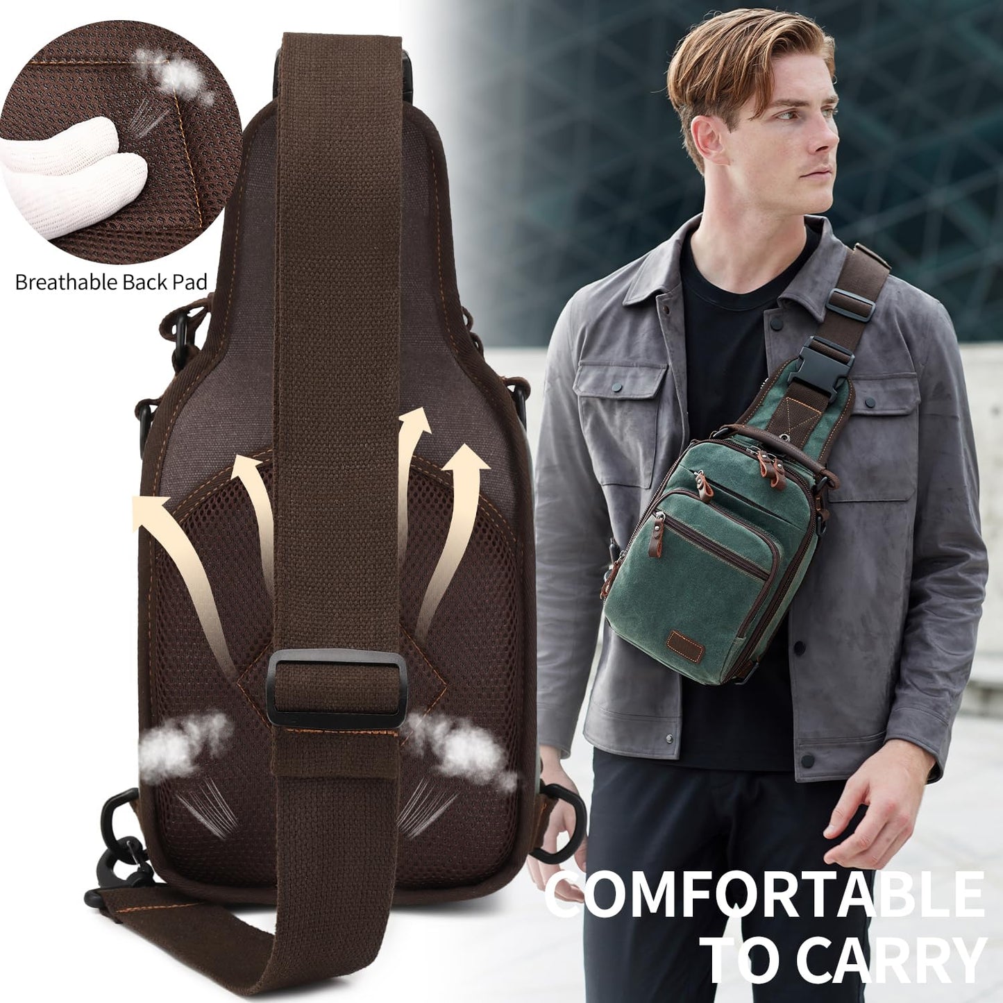 Nerlion Sling Bag for Men Waxed Canvas Crossbody Bag Chest Bag Shoulder Bag Casual Daypack for Travel (Green)