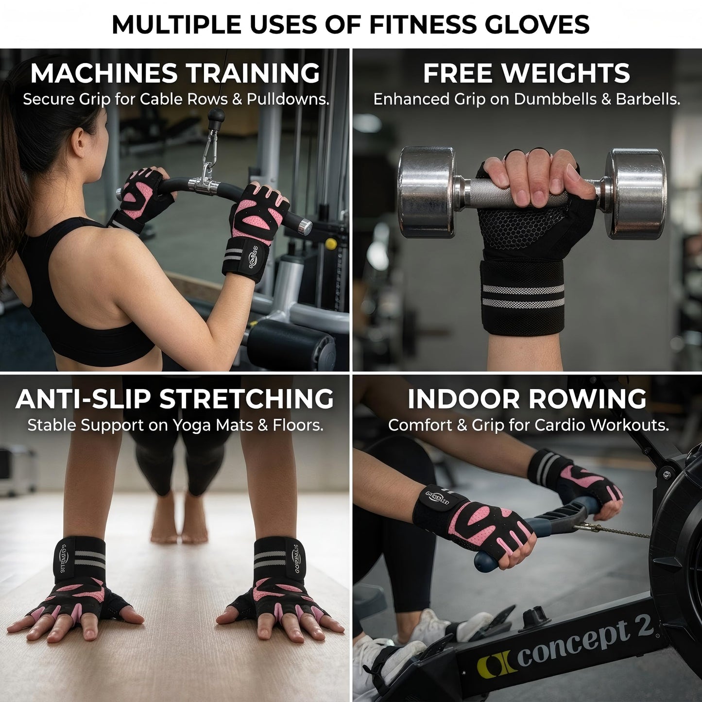Govblus Workout Gloves for Men and Women with Wist Support, Exercise Gloves for Weight Lifting, Cycling, Gym Gear, Training, Fingerless, Breathable and Snug fit(Pink, Medium)