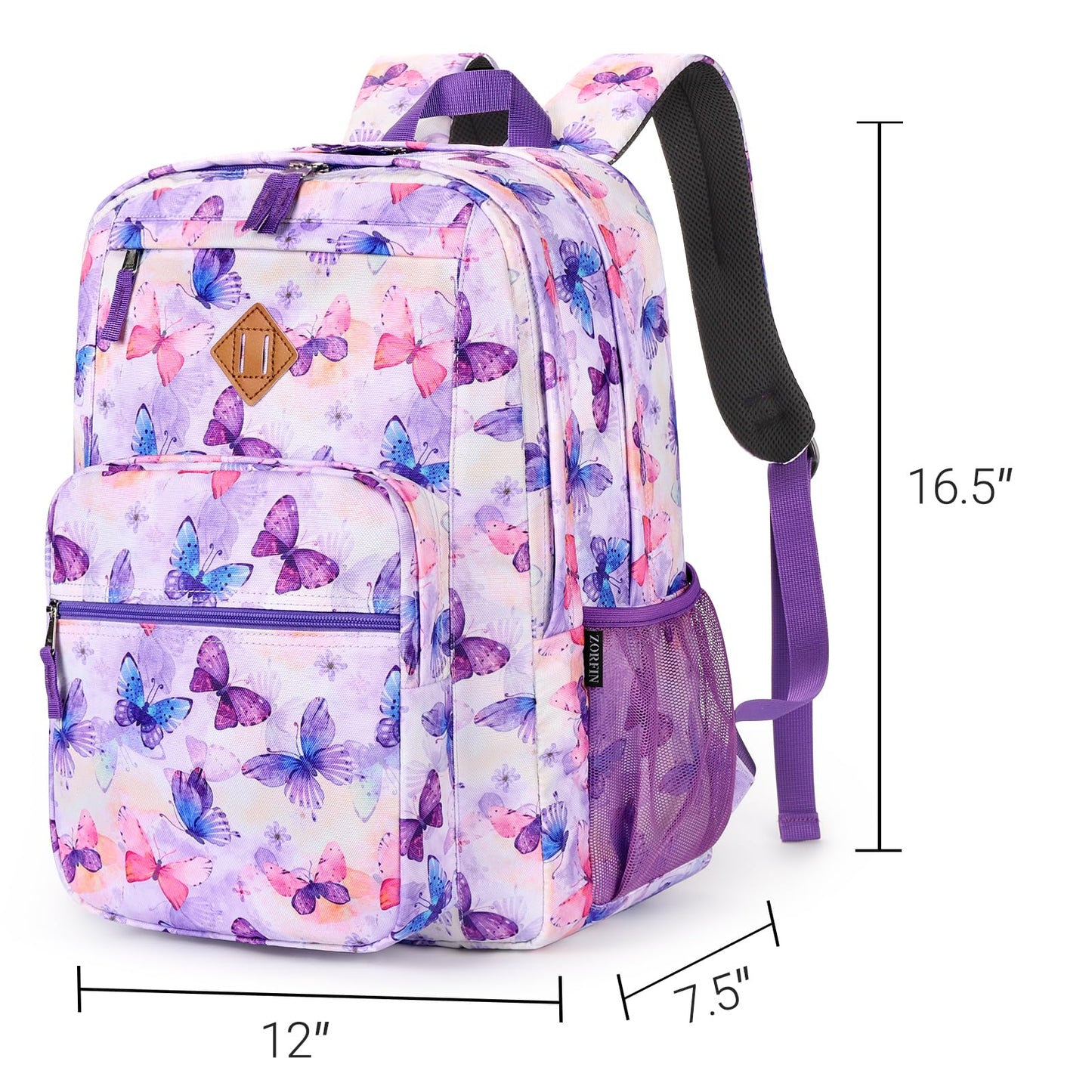 ZORFIN 26L Backpack for College, and Travel: Water Resistant Bookbag - Butterfly Purple