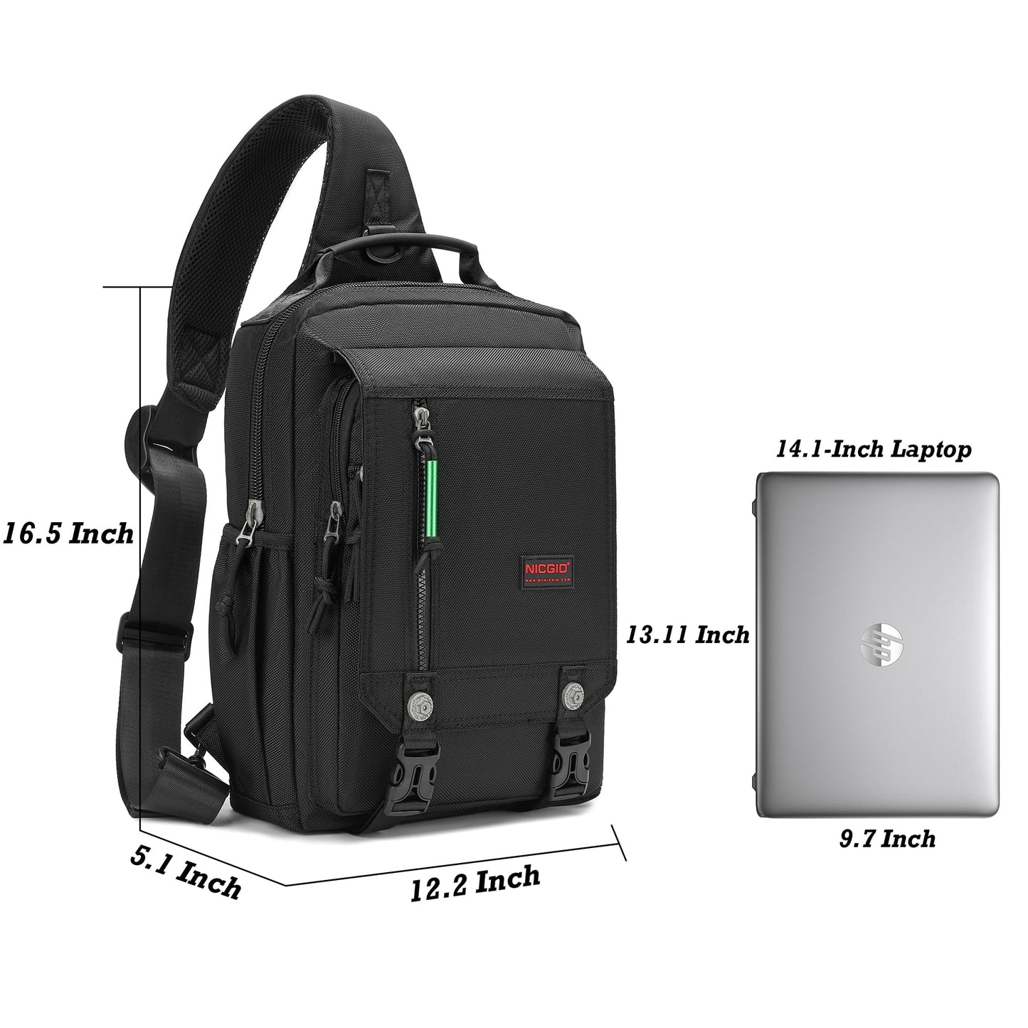 NICGID Sling Bags Chest Shoulder Backpacks, Laptop Backpack Crossbody Messenger Bag Travel Outdoor Men Women (Black, 14.1 inch)