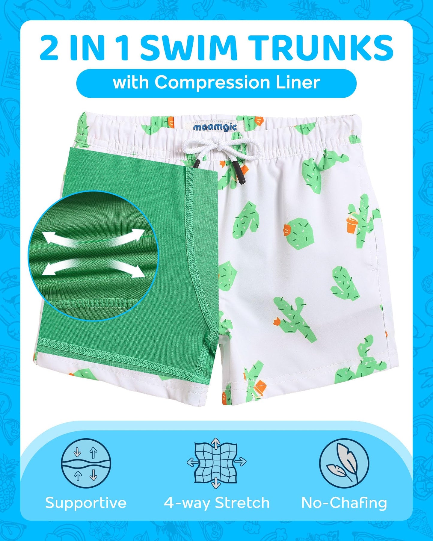 maamgic Boys Swim Trunks with Compression Liner Toddler Boy Swimsuit Quick Dry 4-Way Stretch Swimming Trunks Cactus White 2T