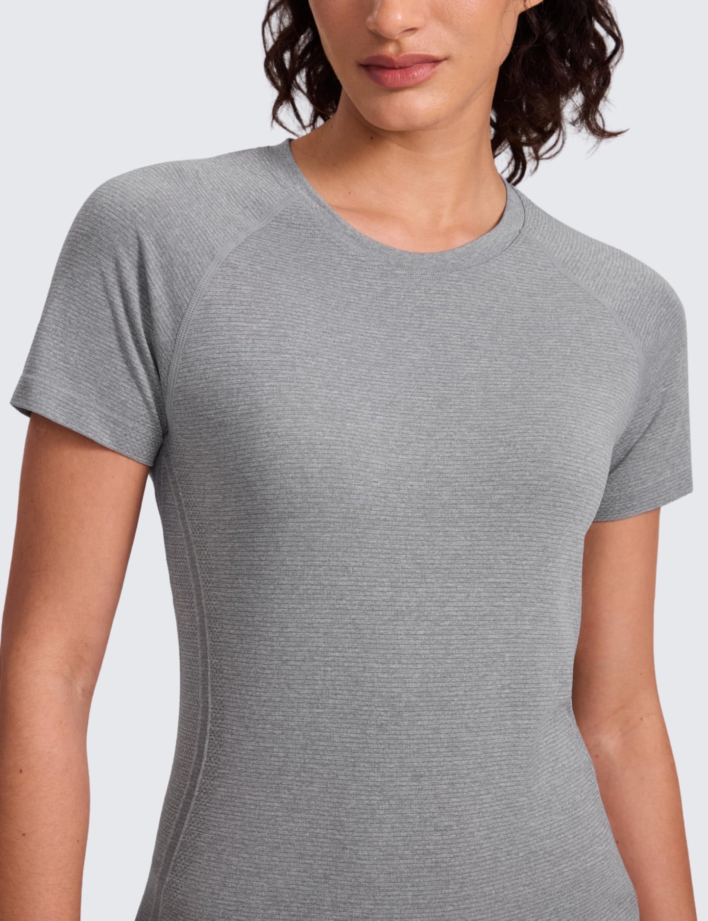 CRZ YOGA Seamless Workout Tops for Women Hip Length - Athletic Running Gym Yoga Short Sleeve Shirts Breathable Crewneck Tees Slate Grey Marl Large