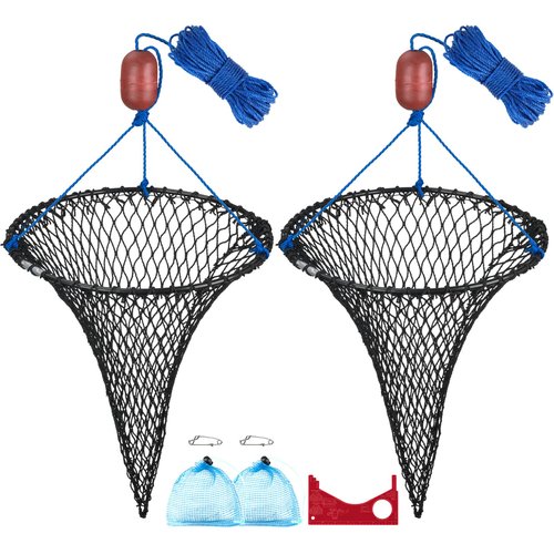QualyQualy Foldable Crab Trap 2-Pack, Small Crab Net with Buoy & Bait Clip for Blue Crabs, Dungeness, Crawfish Traps | Compact Crabbing Equipment for Kids Family Use for Pier, Dock, Lakes