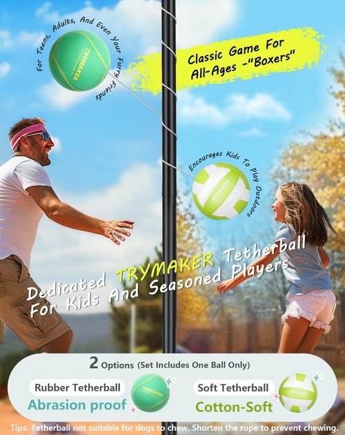Trymaker Tetherball Set, Tether Balls and Rope Set with Pole 10.43ft Height Heavy Duty, Tetherball Equipment Kit for Backyard Outdoors Kids and Adult (No Base Included)