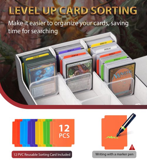 NEWLOOP Trading Card Storage Box - 2400+ Card Deck Case for Magic the Gathering PKM YuGiOh Sports Cards, Leather MTG PTCG Commander Deck with 12 PVC Dividers 4 Supporters, Black and Gray