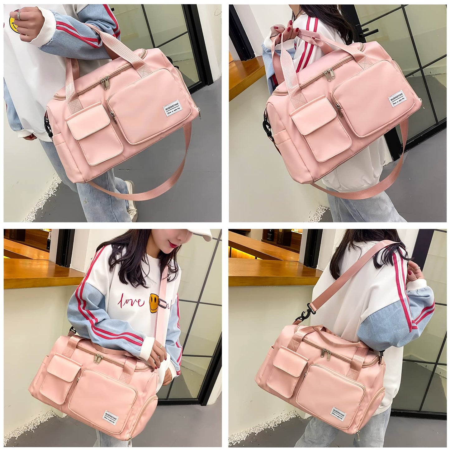 Pink Gym Bag for Women, Waterproof Travel Duffle Bag Carry On Weekender Bag with Shoe Compartment & Wet Pocket, Gym Tote Bag for Travel, Workout, Sport