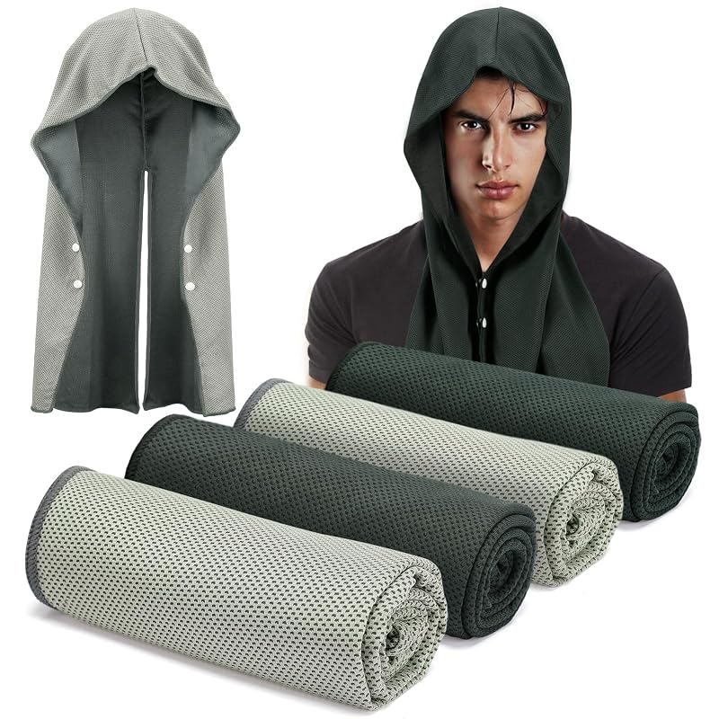 4 Pcs Cooling Hoodie Towels for Neck & Face - Absorbent, Quick-Dry (Black & Light Grey)