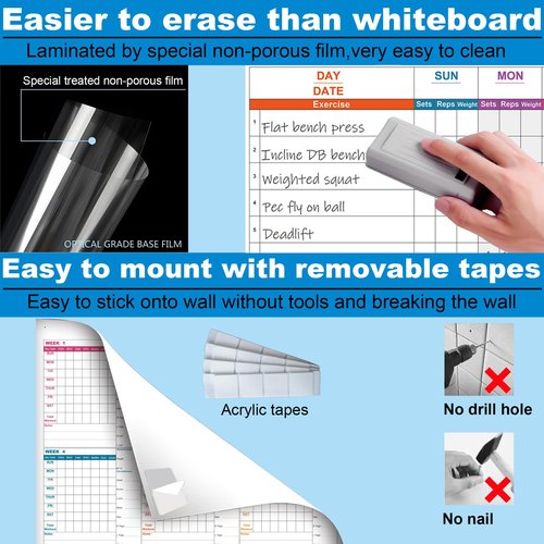 Large Dry Erase Fitness Calendar For Women&Men,24x36 Inch Erasable Exercise Board For Home Workout,Reusable Weekly Fitness Tracker For Gym Lovers,Giant Gym Whiteboard Planner Tracking Yoga Running
