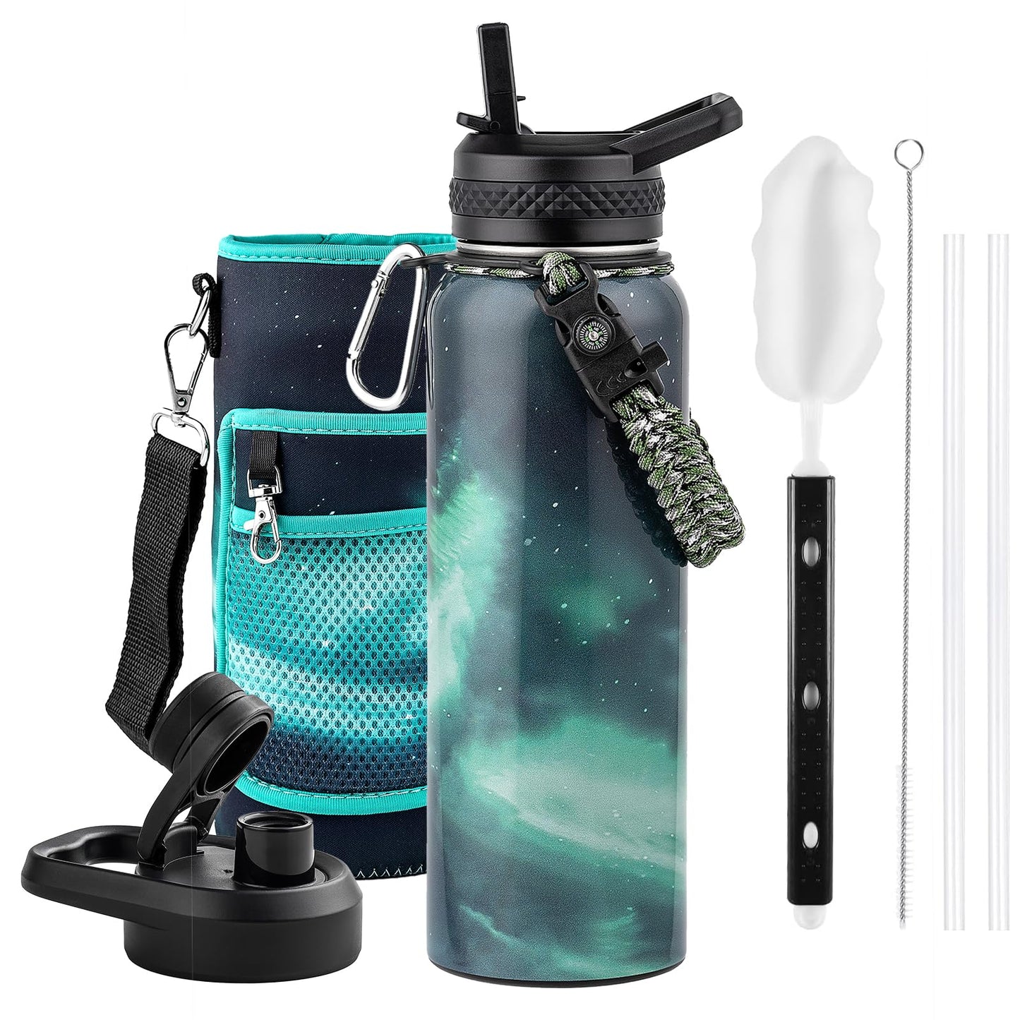 RAYMYLO Insulated Water Bottle 40 oz, Triple Wall Vacuum Stainless Steel (Cold for 36Hrs, Hot for 18Hrs), Leak Proof & Non-BPA, Modern Water Flask Jug with Paracord Handle & Straw Spout Lids