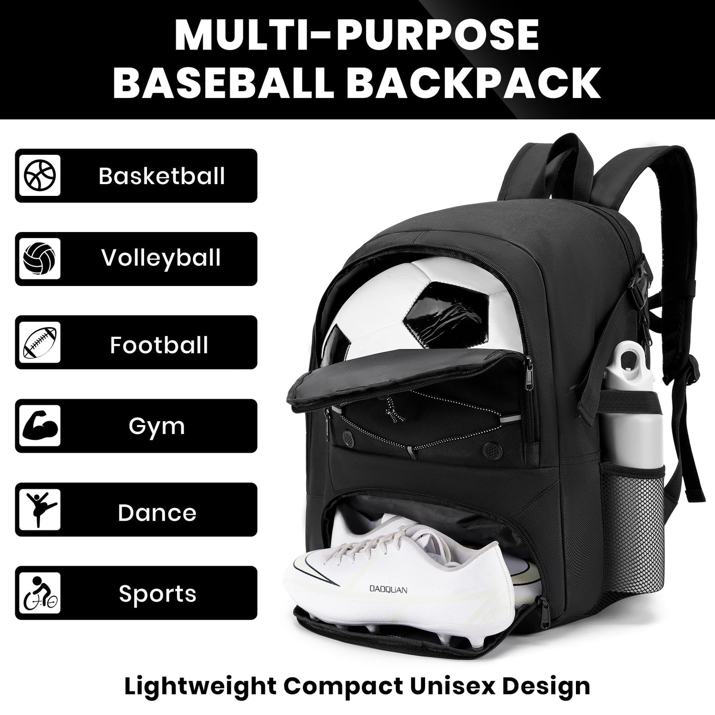HMLIN OUTOOORS Soccer Backpack with Ball Holder,Youth soccer Bag for Basketball,Volleyball-Includes Separate Shoe Compartment&and Insulation (Black)