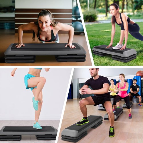 Saicool Adjustable Workout Aerobic Stepper, Exercise Step Platform Trainer with 4 Risers, Non Slip Surface for Home Gym Workout Training, Black