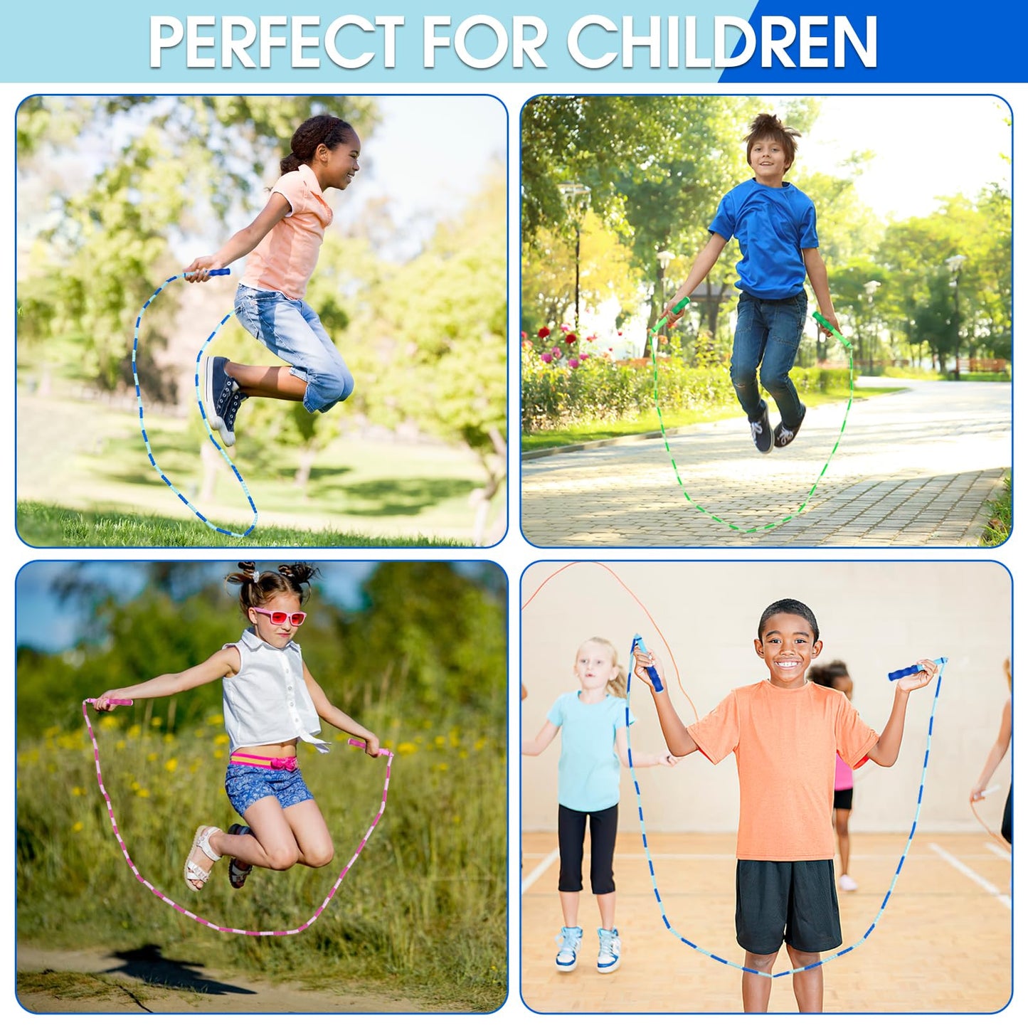 Jump Rope for Kids, 9 Ft Adjustable Jump Ropes for 4 5 6 7 8 10 12, Segmented Soft Beaded Jumping Rope Age 8-12, Tangle Free Skipping Rope for Women Man Fitness Weight Loss - Green, Pink, Blue