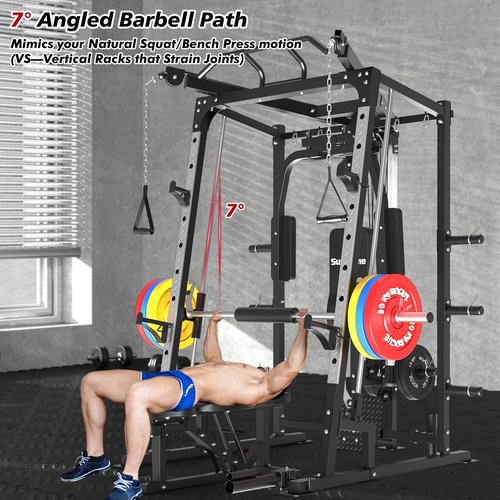 SunHome Smith Machine with Bench and 230LBS BP, 2000LBS Power Cage Squat Rack with Smith Bar, Two LAT Pull-Down Systems, Cable Crossover Machine and and More Cable Attachment for Home Gym