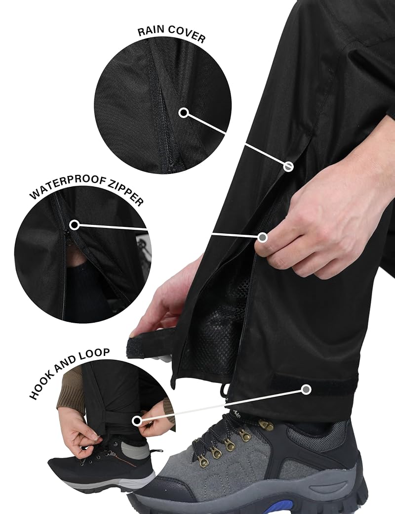 iCreek Men’s Rain Pants Waterproof Breathable Lightweight Over Pants - Black, Medium (30" Inseam)