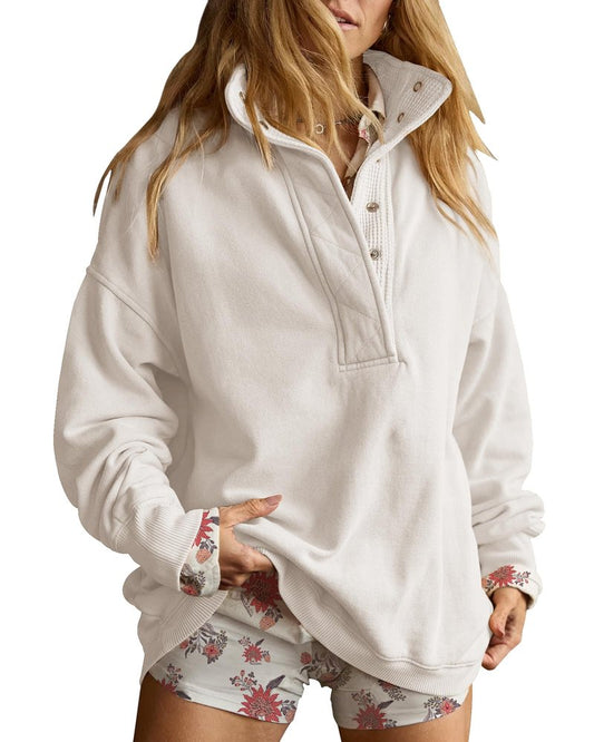 Gacaky Sweatshirt for Women Oversized Casual Long Sleeve Button Henley Neck Pullover Tops Fashion Outfits Clothes White L