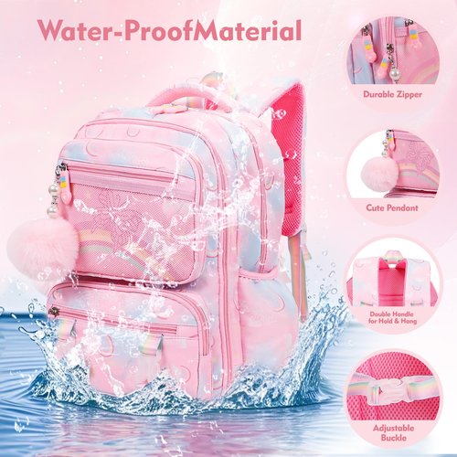 QJHEC Kawaii Starry Rainbow Backpack for Girls – Butterfly Bookbag with Fluffy Charm, Pencil Case & Study Set for Kids & Teens – Pink 17.5inch