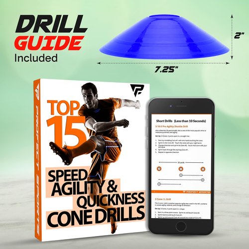 Pro Disc Cones (Set of 50) - Agility Soccer Cones with Carry Bag and Holder for Sports Training, Football, Basketball, Coaching, Practice Equipment, Kids - Includes 15 Best Drills Book (Bright Orange)