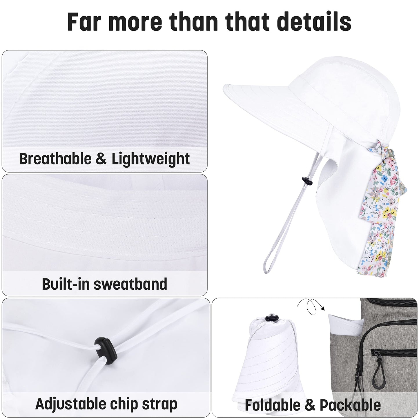 Solaris UPF 50+ Women's Wide Brim Sun Hat – Lightweight Foldable with Detachable Scarf & Neck Cover, UV Protection for Hiking, Beach, Gardening White