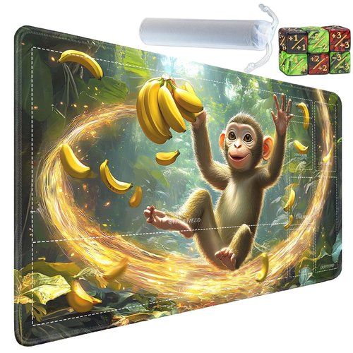Yuxcfhjfe for TCG Playmat with Zones, 24 x 14 inches Card Playmat with A Storage Bag and 6 Dice,Trading Card Game Mat, Non-Lip Rubber Bottom for MTG Playmat, Monkey Bananas Everywhere!