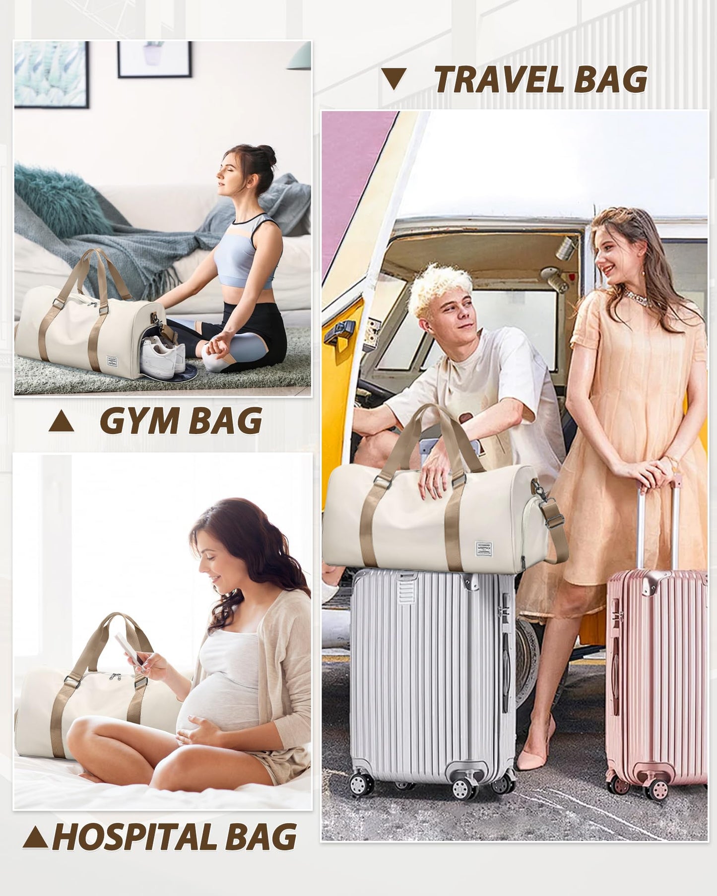 Travel Duffle Bag,Weekender Overnight Bags for Women with Shoes Compartment,Tote Gym Bag Personal Item Carry On Bag for Travel Business Trips Sport Hospital Dance Beige Brown
