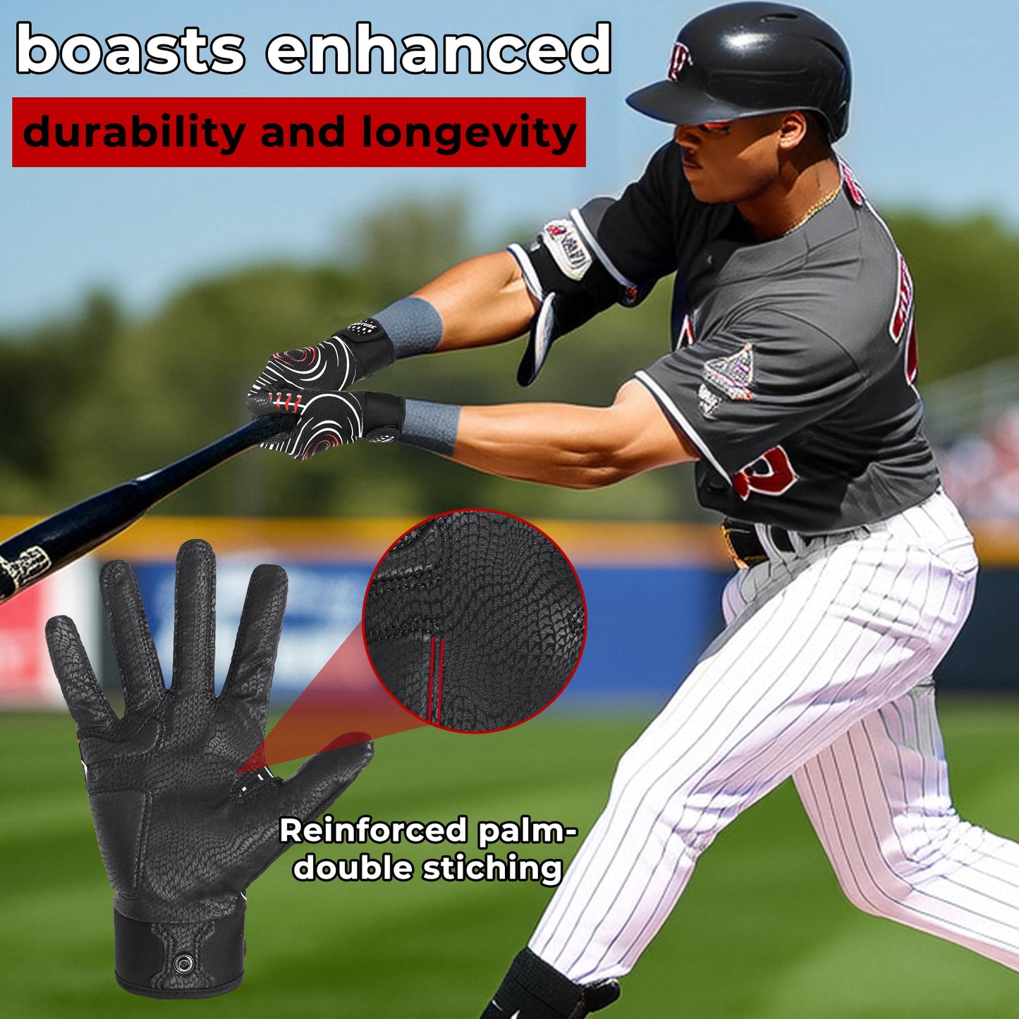 AIGEVTURE Baseball Bating Gloves Adult Youth Baseball Softball Batting Gloves Men Women Black Large