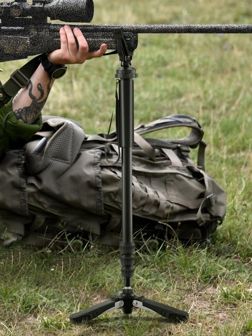 Trakiom Shooting Stick Rifle Monopod with 360° Rotatable V Yoke Rest, Hunting Rifle Tripod with Tri-Stand Base Gun Stick for Shooting and Hunting, Black