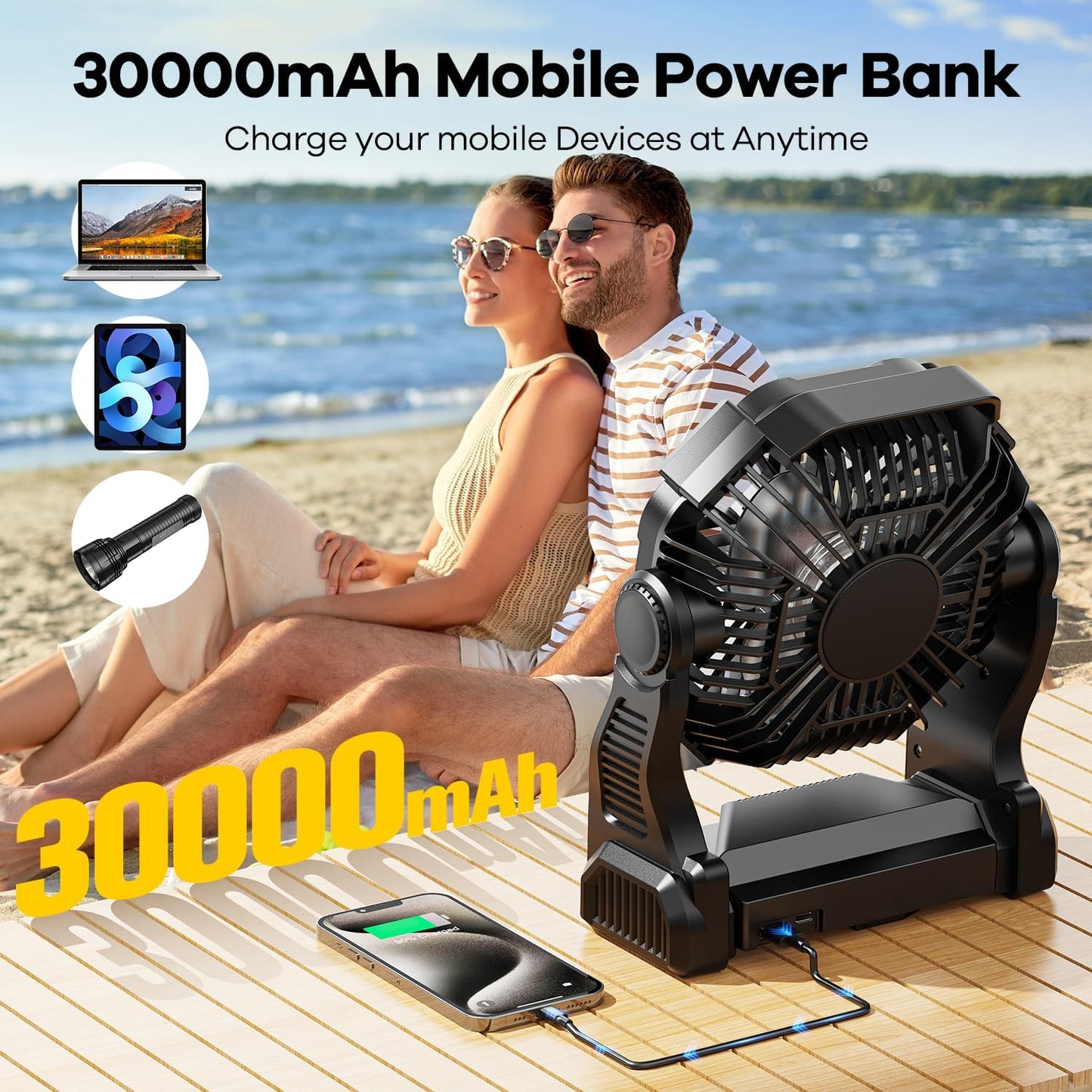 20000mAh Solar Fan with LED Lantern, 10W Solar Panel Rechargeable Battery Powered Camping Fan for Outside, 9 Inch Portable Battery Operated Hurricane Supplies for Picnic, Barbecue, Fishing, Travel