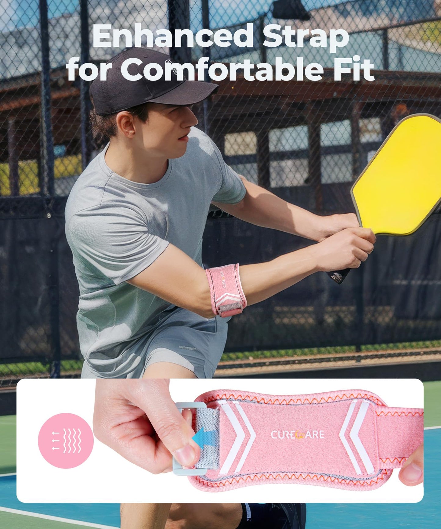 CURECARE Elbow Brace for Tennis & Golfers Pain Relief, New Updated Tennis Elbow Strap with Breathable Fabric, All Day Comfort Tendonitis Elbow Brace for Sports and Daily Life (Pink)