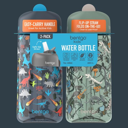 Bentgo Kids Water Bottle 2-Pack - Leak-Proof, Durable Tritan, BPA-Free 15 oz. Cup for Kids/Toddlers Ages 3+, Safe Sip Spout, & Dishwasher Safe for School/Sports/Daycare/Camp (Dinosaur/Dino Fossils)