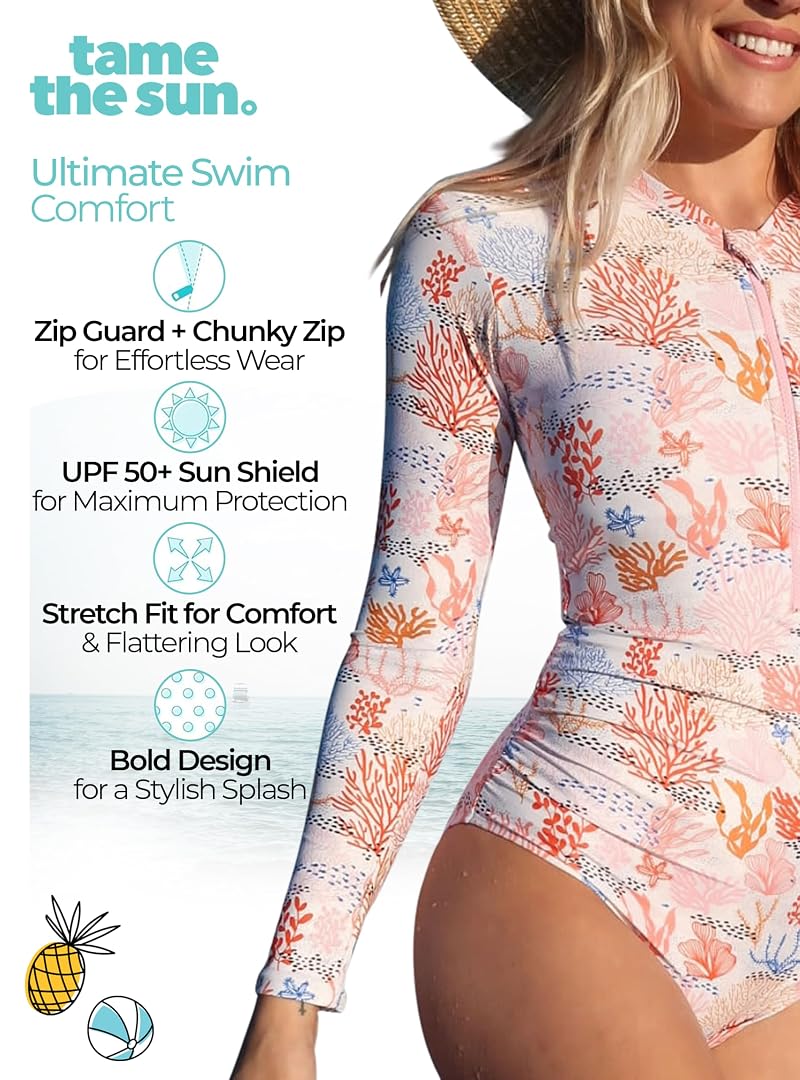 Long Sleeve One-Piece Swimsuit for Women with UPF 50+ Coral - Tame The Sun Rash Guard