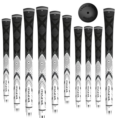 MAZEL Cord Rubber Golf Grips for Men - 10 Pack,All Weather Control Golf Club Grips Standard/Midsize,High Feedback & Traction (Midsize, White Black,10 Grips)