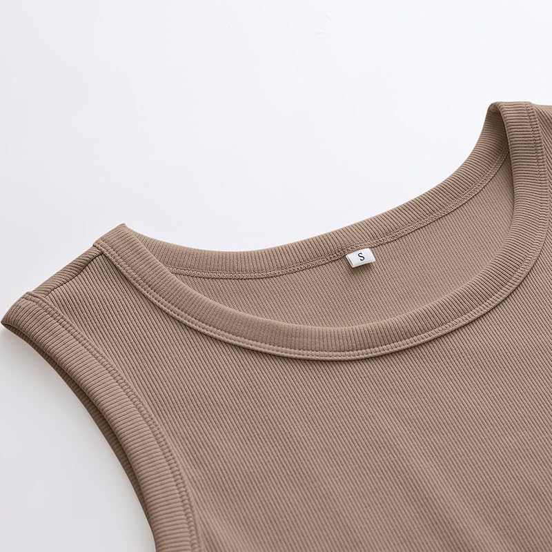 ANRABESS High Neck Ribbed Tank Top for Women - Light Coffee+Medium