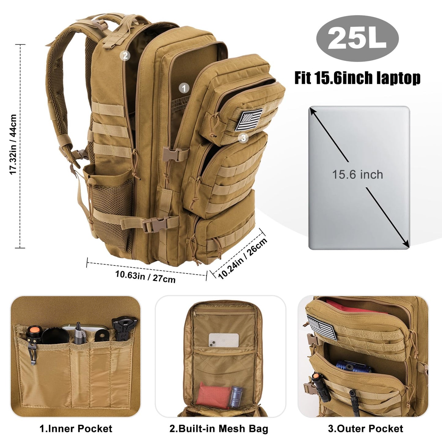 kookoomia Military Tactical Backpack 25L Day Backpack for Men Molle Army 3 Days Assault Pack Bug Out Bag Water Resistant and Heavy Duty Hiking Treeking Rucksack - Brown