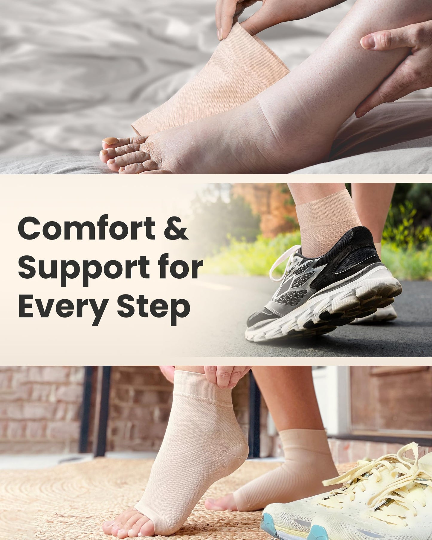 KEMFORD Ankle Compression Sleeve - Plantar Fasciitis Braces - Open Toe Compression Socks for Swelling, Sprain, Neuropathy, Foot Arch Support for Men and Women - 20-30mmhg, M, Beige