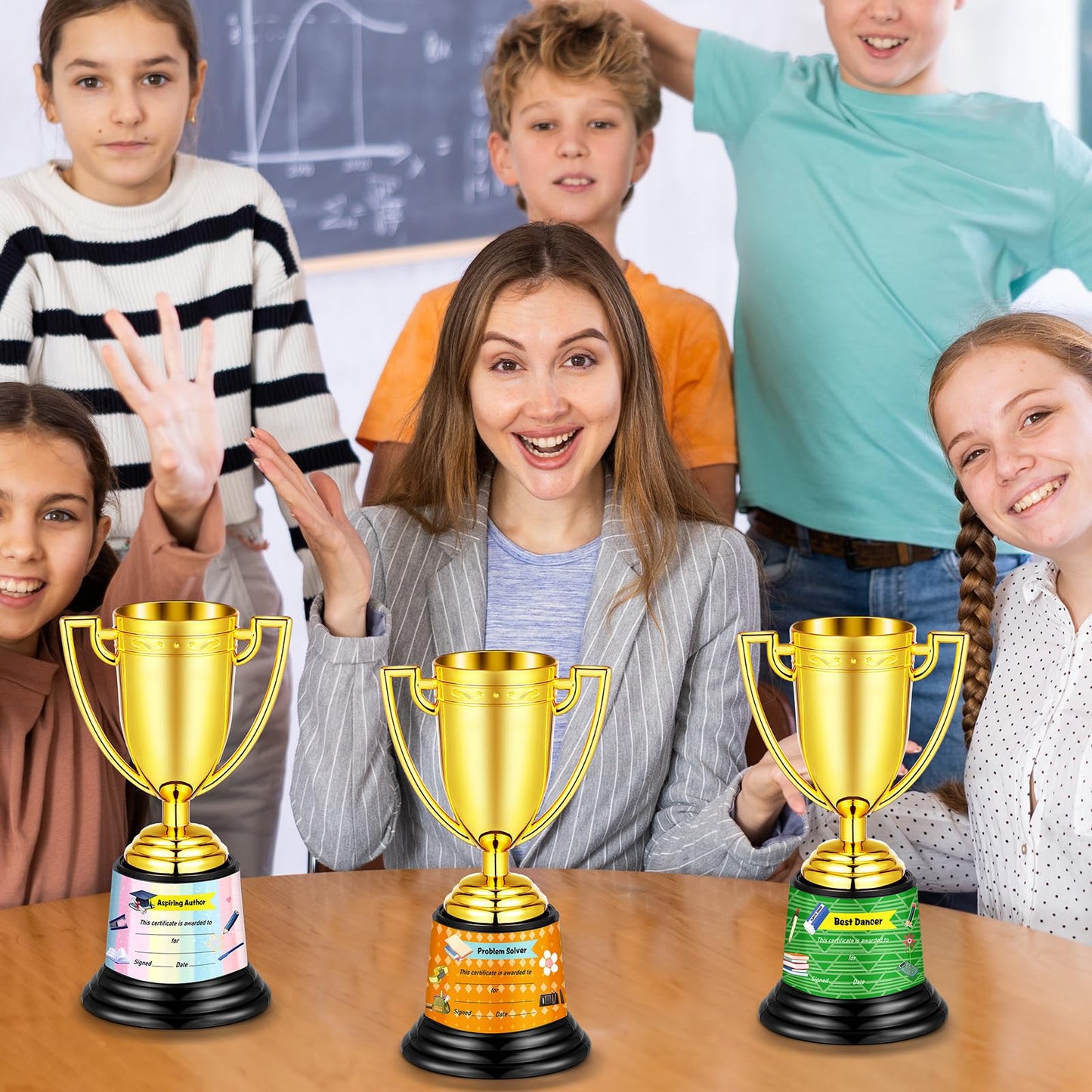 12 Pcs Bulk Mini Trophies 5.7 Inch Plastic Gold Trophy Cups with Award Certificates Stickers for Student Recognition Rewards End of Year Sports Tournament Winning Prizes Party Favor Competition Office