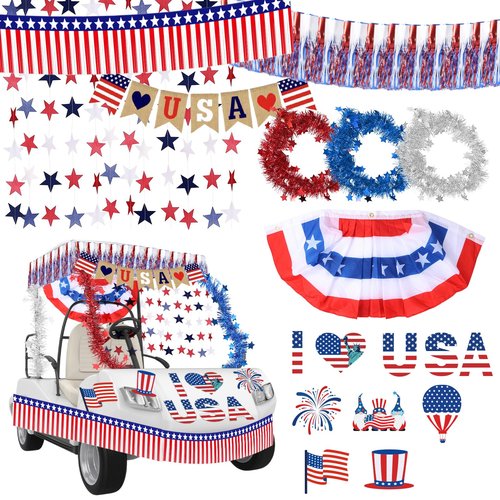 4th of July Car Parade Decorations Kit Patriotic Golf Cart Decor American Flags Bunting Pleated Fan Flag Metallic Stars Fringe Banner Garland Star Car Stickers for Independence Day Memorial Day
