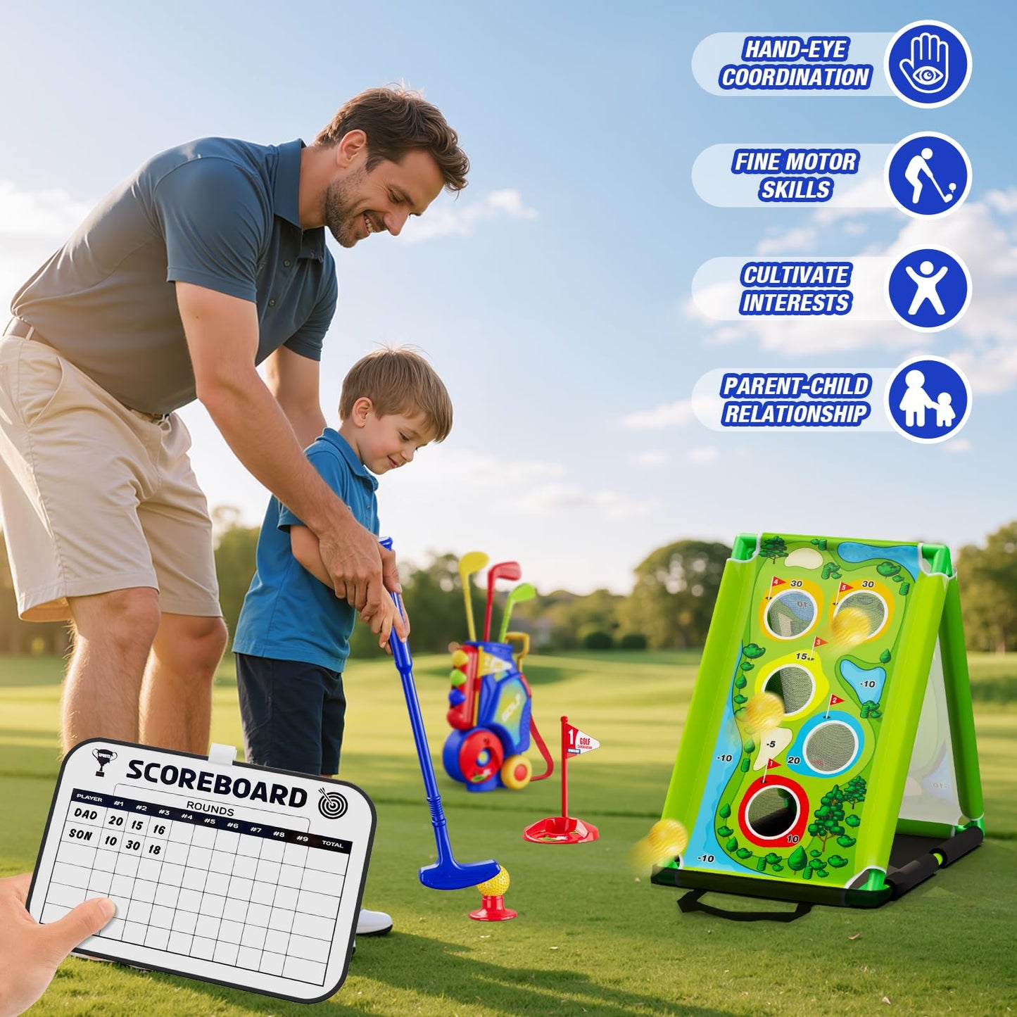 HYES 3 in 1 Toddler Golf Set with Putting Mat & Sticky/Golf Game, Kids Golf Club with 8 Balls, 4 Plastic Clubs, Scoreboard, Indoor Outdoor Sport Toys with Golf Cart Gift for Boys Girls Aged 2-5, Blue