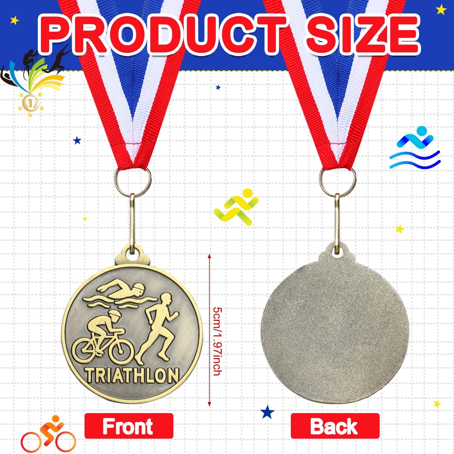 Remuuly 30 Pcs Gold Medals Bulk 2'' Basketball Soccer Baseball Volleyball Football Lacrosse Kickball Cheer Bowling Trophy Medals for Awards for Sports Participation Winner Gift (Gold,Triathlon)