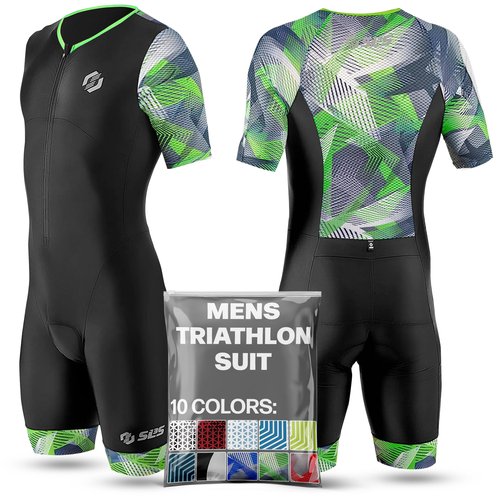 SLS3 Triathlon Suits Mens - Aerodynamic Sleeved Tri Suit Men – Lightweight Trisuit with Premium FX Fabrics - 2 Pockets (Black/Green Geo, Medium)