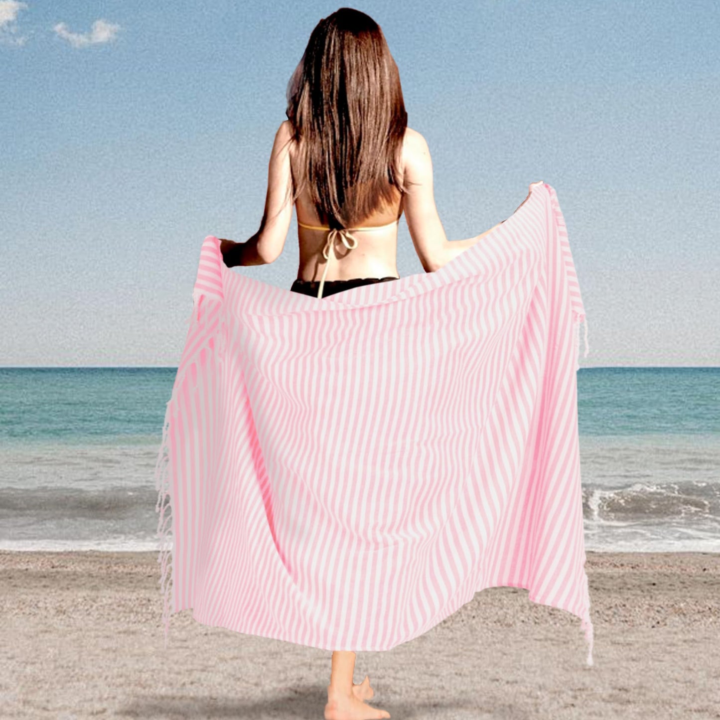Tehoao Turkish Striped Beach Towels Bulk Oversized 39"x71" Large Bath and Pool Set Quick Dry Lightweight Travel Towel for Adult,100% Cotton TEBT-18-1pink