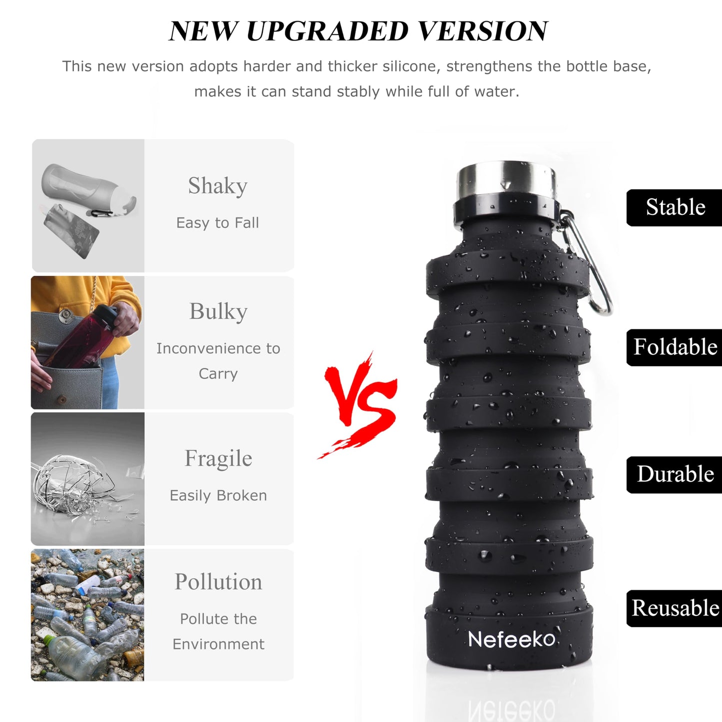 Nefeeko Collapsible Water Bottle, 27oz Reuseable BPA Free Silicone Foldable Portable Leak Proof Sports Water Bottle with Carabiner for Travel Gym Camping Hiking