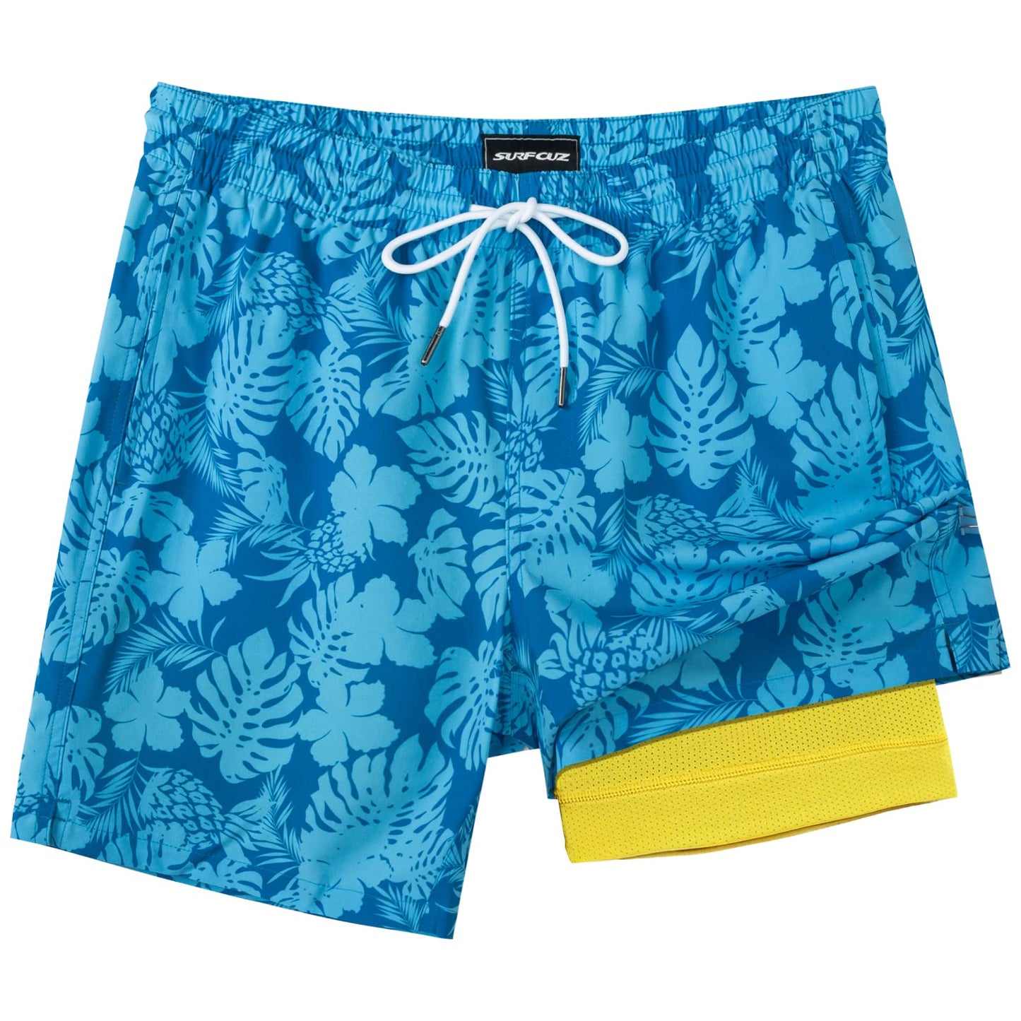SURF CUZ Mens Swim Trunks with Compression Liner Quick Dry Swim Shorts 7" Swimming Trunks Stretch Zipper Pockets Blue Flower Leaves Medium