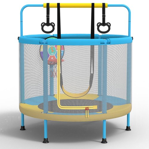 LANGXUN 60" Trampoline for Kids, 5ft Mini Toddler Indoor & Outdoor Trampoline with Net, Basketball Hoop & Dart Board, Birthday Gifts for Boys & Girls, Baby Toddler Christmas Toys (Blue & Yellow)
