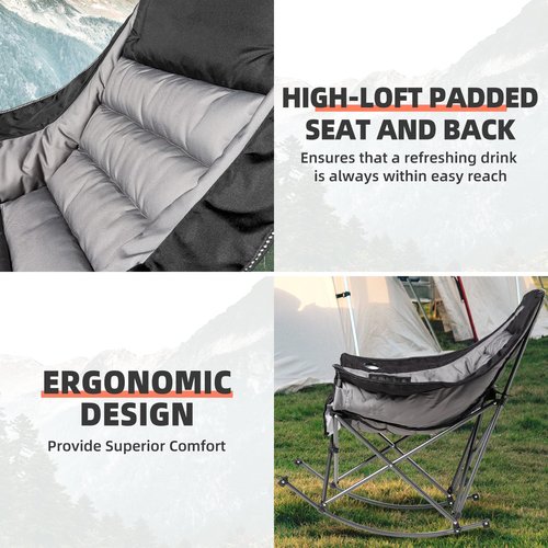 Foristrail Oversized Rocking Camping Chair for Adults - 400lbs Capacity Padded Camp Chair with Cup Holder, Portable Foldable Outdoor Rocker Chair for Camping, Backyard, Patio (Black & Gray)
