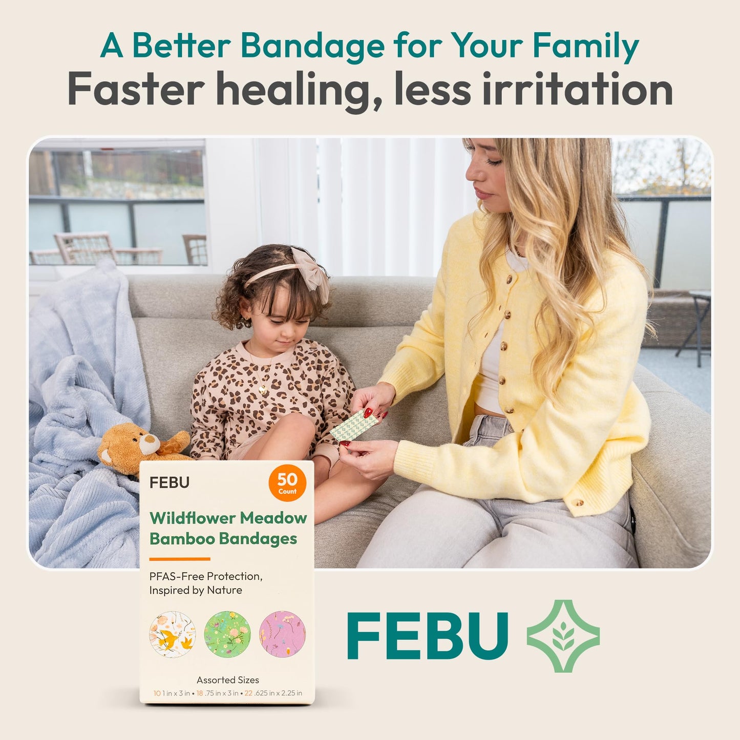 FEBU Wildflower Print Bamboo Fabric Bandages | PFAS Free Flexible Fabric Bandages | Natural Hypoallergenic Bandage for Scrapes, Cuts & First Aid | Compostable, Latex Free Bandage | 50 Count Strip