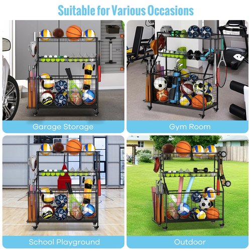 WUC Sports Equipment Organizer - Garage Ball Storage Rack with Basket, Hooks and Rolling Cart for Toy Sports Gear Storage, Black
