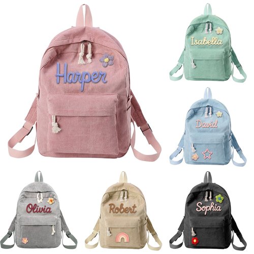 Dyoart Personalized Corduroy Backpack for Girls & Boys, Custom School Bag with Cotton Rope Woven, Monogram Book Bag for Toddlers and Kids Back to School Gifts